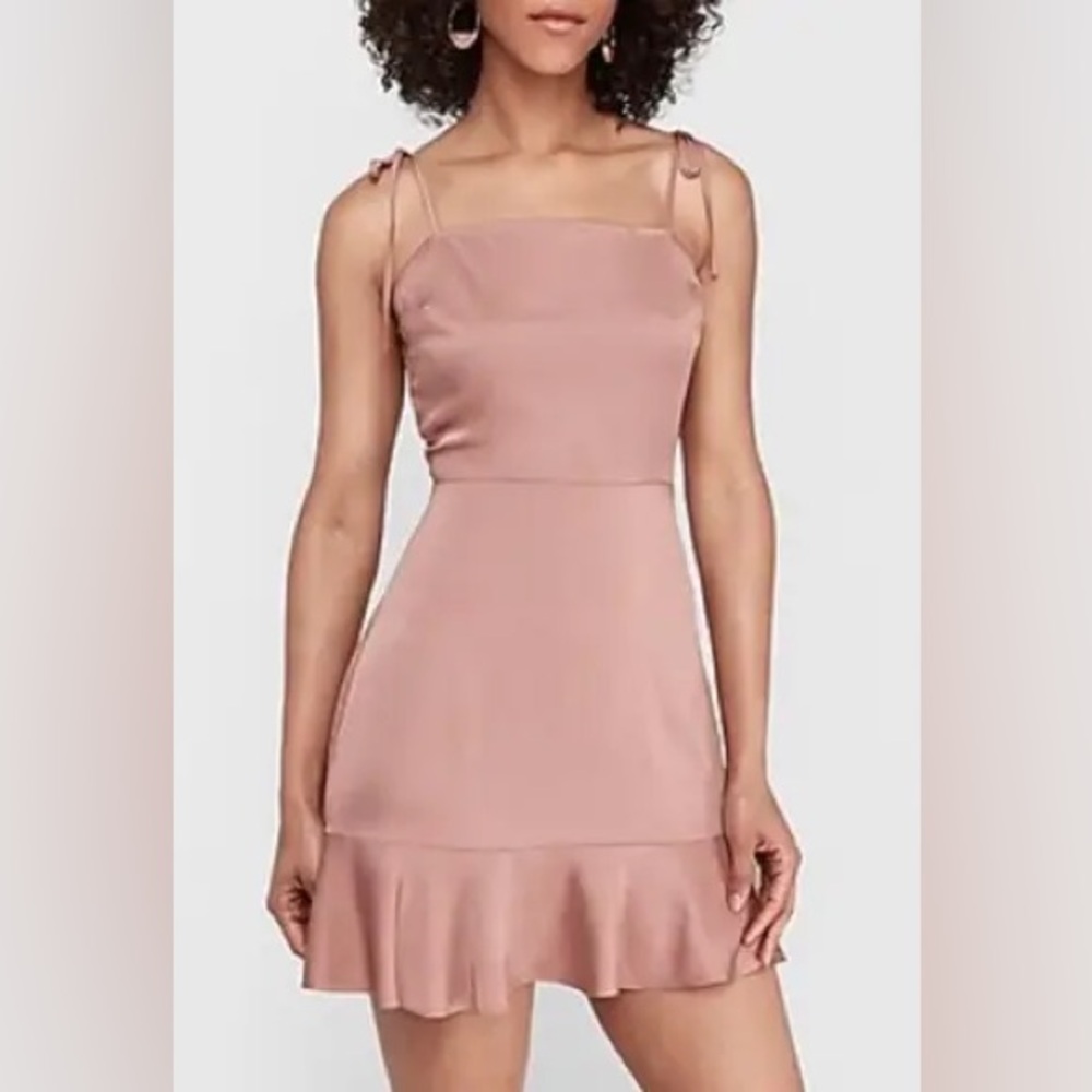 EXPRESS Tie Shoulder Ruffle Hem Fit and Flare Mini Dress